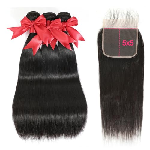 12A Straight Bundles Human Hair with 5x5 Closure 14 16 18+12 Inch Brazilian Human Hair Weave Bundles with 5x5 HD Lace Closure 100% Unprocessed Virgin Hair Extensions