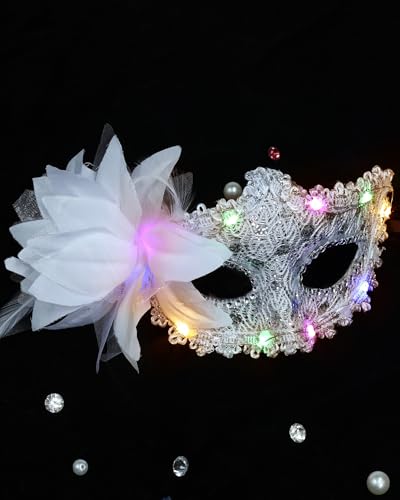 Zinniday Flower Masquerade Mask for Women - Halloween LED Eye Mask Floral Venetian Ball Lace Masks for Carnival Party
