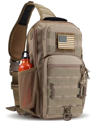Large Rover Sling Pack Tactical Shoulder Sling Bag Backpack with Bottle Holder Crossbody Chest Bag, Coyote