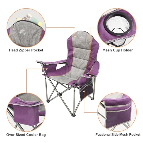 LANMOUNTAIN Camping Chairs for Adults,High Back Folding Camp Chair with Cup Holder and Cooler Bag,Heavy Duty Outdoor Lawn ...