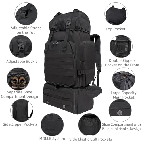 Lizbin Hiking Backpack, 80L Molle Military Tactical Rucksack, Camping Backpack with Shoe Compartment, Lightweight Rucksack...