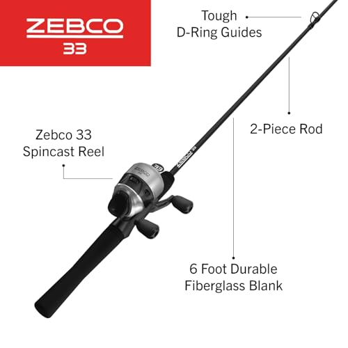 Zebco 33 Spincast Reel and Fishing Rod Combo, 6-Foot 2-Piece Fiberglass Rod with EVA Handle, Quickset Anti-Reverse Fishing...