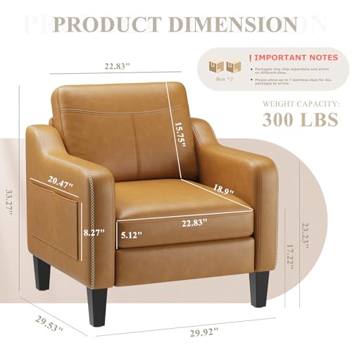 MALOL PU Leather Accent Chair Set of 2, Mid-Century Modern Living Room Armchair Sofa with Removable Cushions, Solid Wood F...