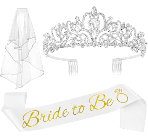 JETKONG 3 Pcs Bachelorette Party Decorations Bridal Shower Crown, Bride to Be Sash&Veil for Women Bachelorette Party Gift...