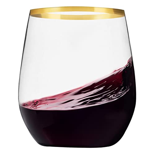 Munfix 48 Pack Plastic Stemless Wine Glasses with Gold Rim, Disposable 12 Oz Clear Plastic Wine Cups Shatterproof Recyclab...