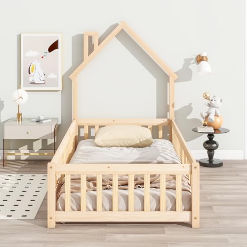 Lighluxstly Twin Size Montessori Floor Bed with Fence and Door, House-Shaped Headboard Floor Bed with Full-Length Guardrails, Floor House Bed for Teens