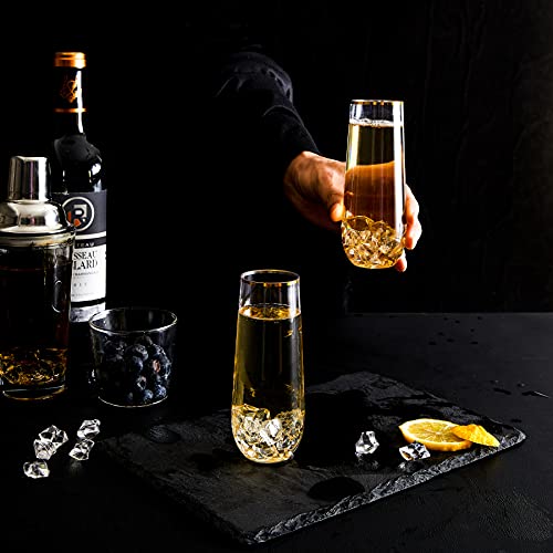 N9R 12PCS Plastic Champagne Flutes, 9 oz Stemless Disposable Gold Rim Toasting Glasses, Crystal Clear Cocktail Cups Drinkw...