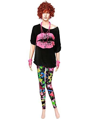 Blulu 80s Women Costume Set, Lips Print off Shoulder T-shirt, Geometric Legging Pants Earring Necklace Gloves Bracelet