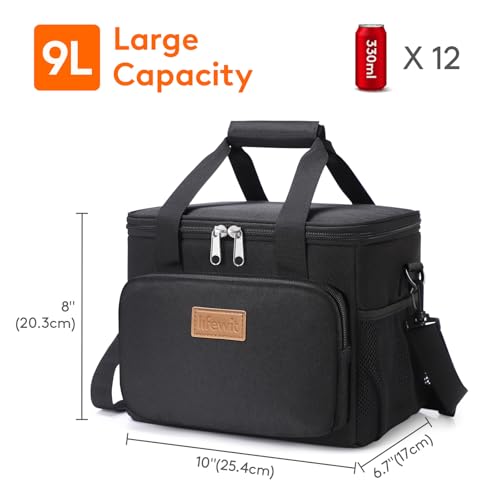 Lifewit Medium Lunch Bag Insulated Lunch Box Soft Cooler Cooling Tote for Adult Men Women, Black 12-Can (9L)