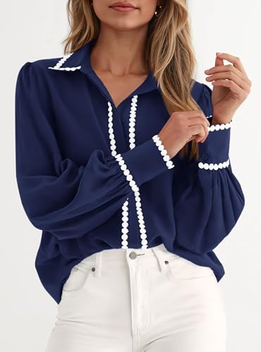 PRETTYGARDEN Womens Long Sleeve Button Down Shirts 2026 Trendy V Neck Loose Fit Fall Tops Collared Dressy Casual Blouses
