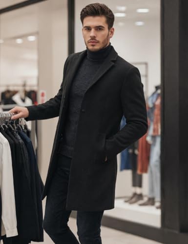 Men's Wool Blend Pea Coat Single Breasted Overcoat Warm Winter Trench Coat