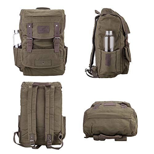 TOPWOLFS Waterproof Waxed Canvas Backpack for Men Travel Rucksack Leather Trimming (Green) One_Size