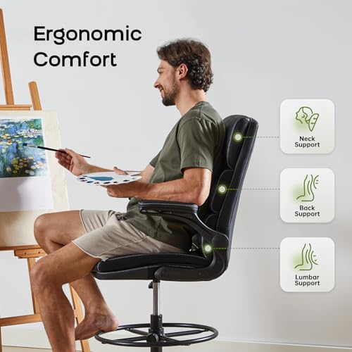 Drafting Chair Tall Office Chair with Padded Flip-up Armrests Executive Ergonomic Computer Standing Desk Chair with Comfor...
