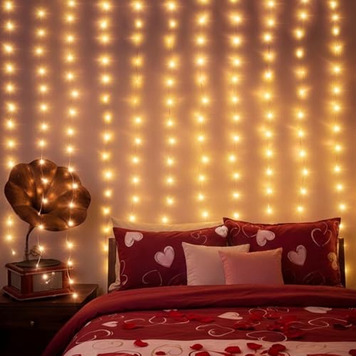 Curtain String Lights 6.5 x 5 ft,195 LED Battery Operated USB Powered light with 8 Modes Dimmable Timer,Copper Tapestry Tw...