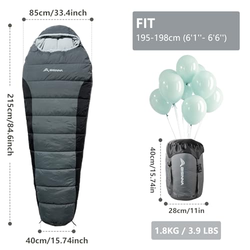 BISINNA Mummy Sleeping Bag for Adults 14-41℉ Cold Weather 3-4 Season Camping Sleeping Bags with Compression Sack for Backp...