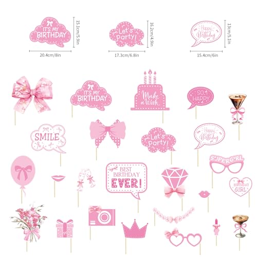 Pink Party Decorations Photo Booth Props Signs,25pcs Pink Birthday Decorations Selfie Props with Sticks for Women Coquette...