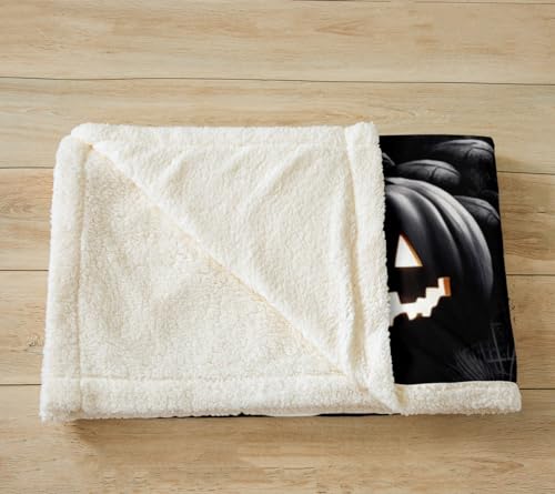 Halloween Themed Flannel Blanket,Black Retro Holiday Style Gothic Fuzzy Blanket for Children Present,Moon Night Old Castle Pumpkin Lantern Polyester Throw Blanket for Couch, Twin Size (60 x 80 Inch)