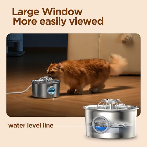 Stainless Steel Cat Water Fountain: 88oz/2.6L Ultra Quiet Pet Fountain with Flower Kitty Spout & LED Blue Light Water Disp...