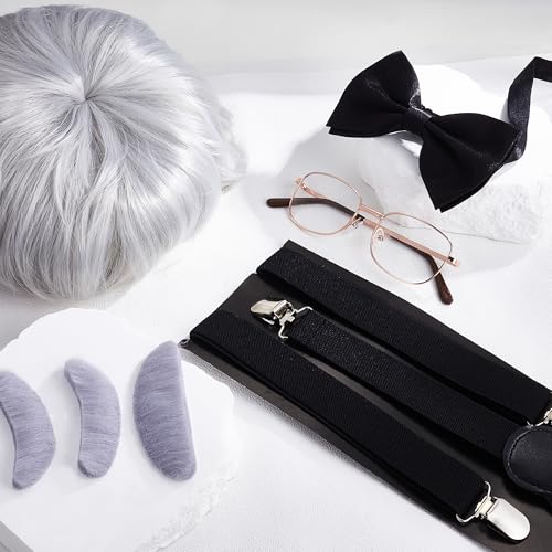 FEYIR Old Man Costume Accessories Set Old Man Wig Hat Cane Faux Eyebrows Mustache Suspenders Bow Tie for Grandpa Halloween...