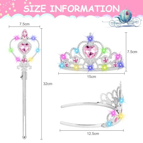 Vicloon 2PCS Light Up Princess Crown and Wands, Princess Dress Up Accessories for Little Girls Christmas Birthday Cosplay
