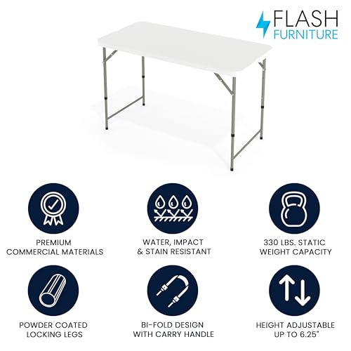 Flash Furniture 4' Rectangular Plastic Folding Event Table with Adjustable Legs and Carrying Handle, Bi-Fold Portable Banq...