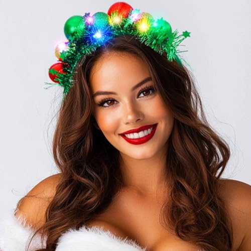 CAKURE LED Christmas Headband Green Light Up Christmas Ball Headbands Xmas Hair Hoop Holiday Party Costume Headwear Hair A...