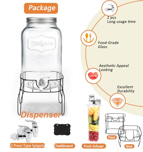 2 Gallon Drink Dispensers for Parties, Sun Tea Glass Jar for Outside 2 Press-Spigots(Easy for Kids) Juice Dispensers for P...