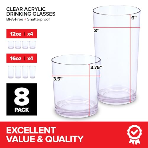 Clear Plastic Drinking Glasses (8 Piece) Shatter Proof Acrylic Drinkware Cup Set 12 & 16oz Combo Pack For Home, Outdoors R...