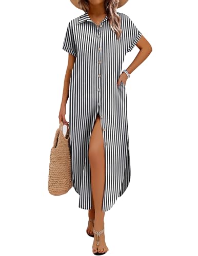Zeagoo Womens Summer Casual Short Sleeve Button Down Long Shirt Dresses Loose Swimsuit Beach Cover Ups with Pockets