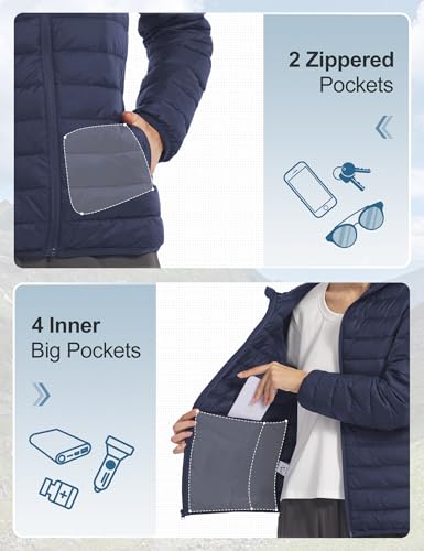 Women's Lightweight Packable Puffer Jacket Quilted Insulated Warm Winter Coat Full-Zip Hooded Outerwear for Hiking Travel