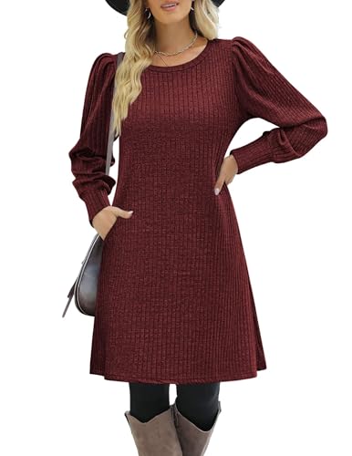 Zeagoo Women's Knit Dress with Puff Sleeves for Fall & Winter - Round Neck Casual Tunic Dress