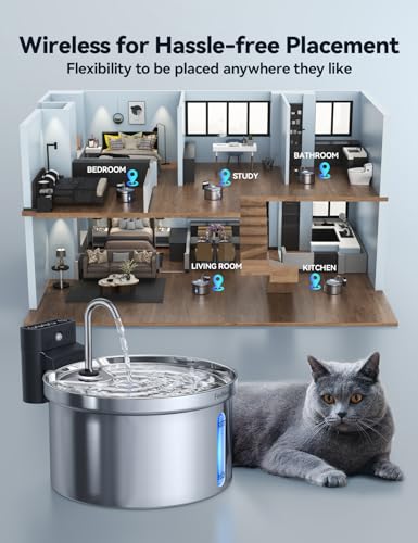 Wireless Cat Water Fountain [Water & Battery Separation] FEELNEEDY Stainless Steel Automatic Pet Water Dispenser, 4000mAh ...
