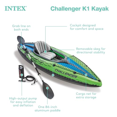Intex Challenger K1 1 Person Durable Vinyl Streamline Sporty Kayak with Inflatable Seat and Backrest, Oar, Pump, Carrying ...
