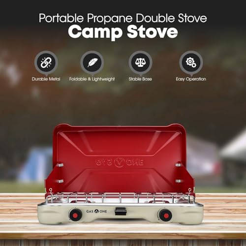 GasOne Portable Camping Stove – Double Propane Stove with Auto Twist Turn Ignition – 22,000 BTU Camping Cooktop with 2 Bur...
