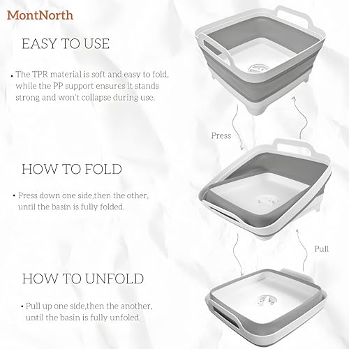 MontNorth Collapsible Wash Basin 9L, Foldable Dish Tub with Drain Plug, Portable Collapsible Dish Basin, Camping Sink for ...