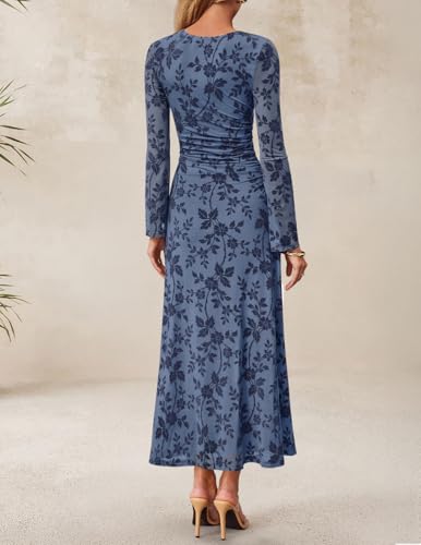 ZESICA Women's Long Sleeve Floral Bodycon Dress 2026 Spring Fall Ruched Mesh Wedding Guest Cocktail Party Maxi Dresses