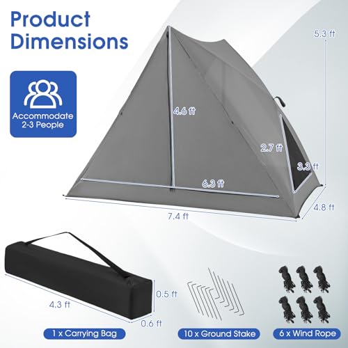 Goplus Pop-up Camping Tent 2-3 Person, 360° One-Way See-Through Family Tent, Waterproof Windproof 4-Season Shelter Tent w/...