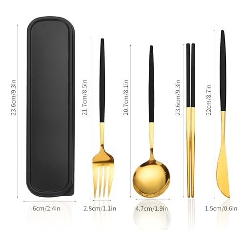 Novasteel Premium Travel Flatware Set,4 Pieces Golden Stainless Steel Flatware with Black Coated Handles and Eco-Friendly ...