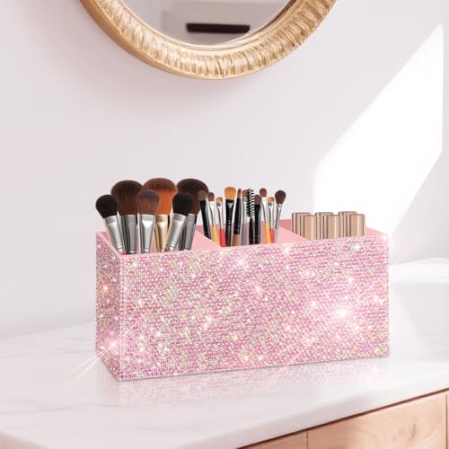 Bling Makeup Brush Holder Organizer, 3 Slot Sparkle Cosmetics Brushes Storage Holders with Shiny Rhinestones, Glitter Cute...