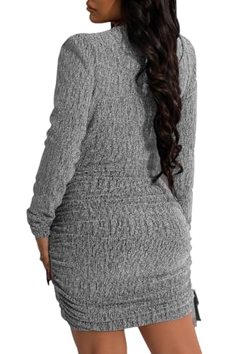 FairBeauty Women's Sexy Sparkly V Neck Long Sleeve Ruched Metallic Bodycon Club Mini Dresses
