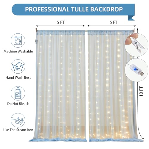 10x10FT Blue Wrinkle Free Backdrop Curtains with Lights String for Parties - Photo Curtain Backdrop with Lights for Weddin...