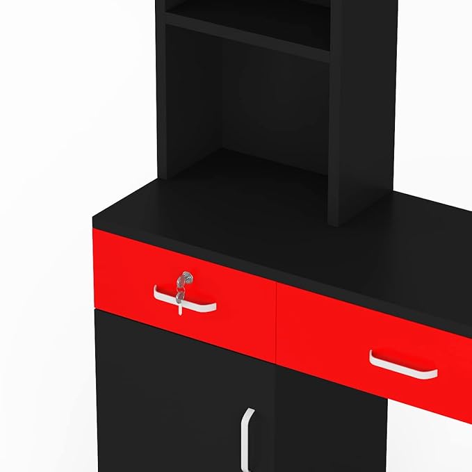 Paddie Barber Salon Station Wall Mount Hair Styling Salon Equipment Set Beauty Spa Furniture Set, Lockable Left Shelf, Mirror not Included (Red & Black)