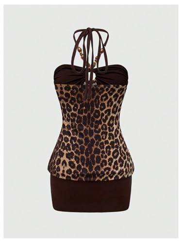 Verdusa Women's Leopard Halter Mini Dress Y2k Western Bodycon Dresses Club Outfits