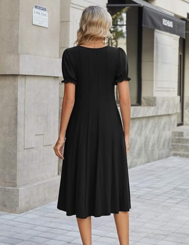 Zeagoo Womens Summer Dress Casual Midi Dresses 2026 Short Puff Sleeve Flare Dress Pleated Flowy Sundress with Pockets
