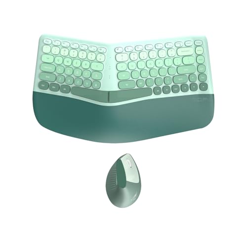 TISHLED Ergonomic Wireless Keyboard and Mouse Combo with Wrist Rest, Curved Split Keys Clicky 84-Key Membrane Keyboard 6-K...