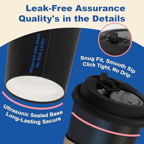16 oz Coffee Cups + 16 Extra Cups Bulk Disposable To-Go Paper Cups with Lids and Sleeves for Hot Beverage, Chocolate, Coco...