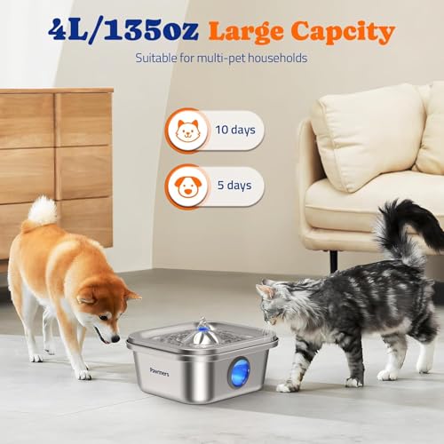 Cat Water Fountain Stainless Steel, 4L/135oz Cat Fountain, Automatic Dog Drinking Dispenser with Water Level Window, 10 Fi...