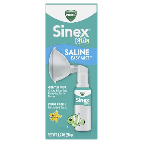 Vicks Sinex Kids Saline Easy Mist Refill, Drug Free Saline, Ages 1 Month+, Gently Clears and Soothes Everyday Stuffy Noses, Safe for Daily Use, 1.7 OZ