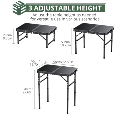 EYPINS Folding Camping Table Portable - Pure Black Aluminum 22.8x15.7'',3 Height Adjustable Small Outdoor Folding Table,Wa...