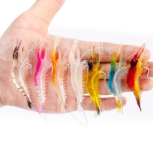 14PCS Saltwater Fishing Lures Shrimp Lures Set with Bait Box, 7 Colors Premium Soft Shrimp Fishing Tackle with Luminous Sh...
